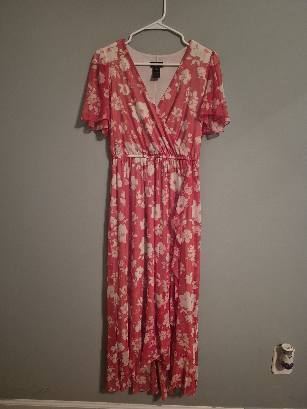 Flutter-Sleeve Pink Floral Maxi Dress with Wrap Front